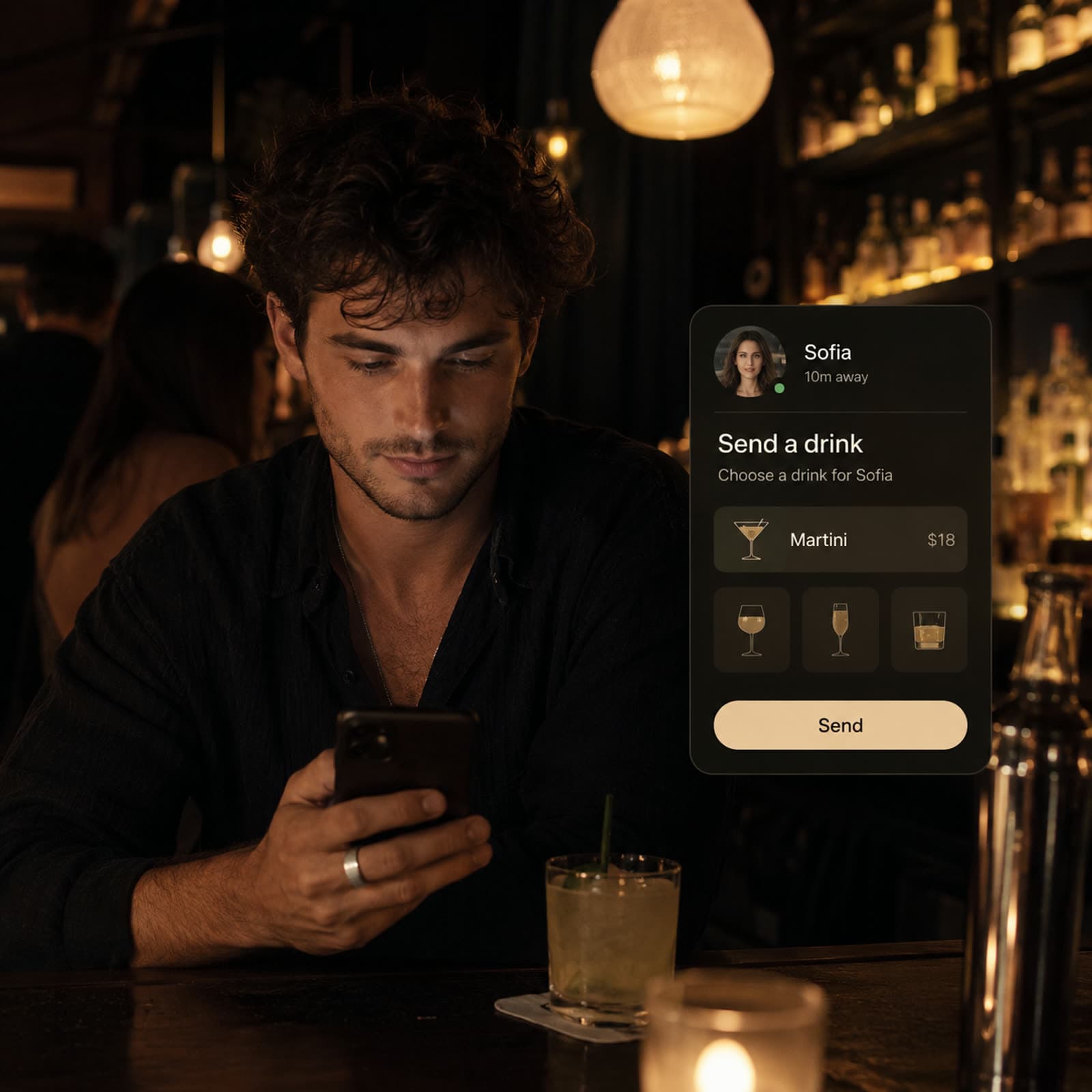 A man at a candlelit bar holding his phone, the Peek Send-a-drink screen open
